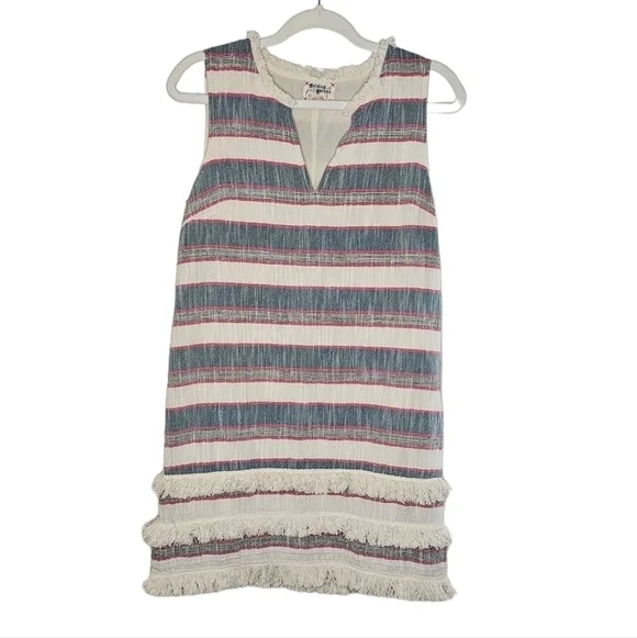 Holding Horses Anthropologies Cream & blue & red stripes w/ fringe v-neck size 6 - Picture 2 of 13